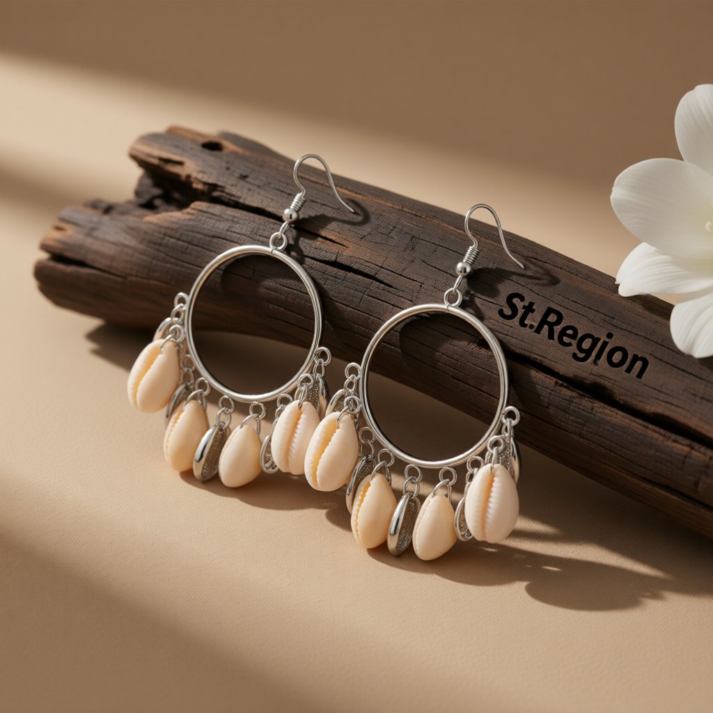 Shell and Silver-Plated Circle Tassel Hoop Earrings, silver drop earrings for women, botanical inspired, front view