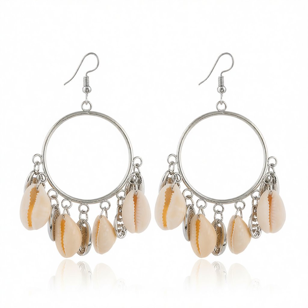 Shell and Silver-Plated Circle Tassel Hoop Earrings, silver drop earrings for women, botanical inspired, side view