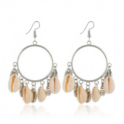 Shell and Silver-Plated Circle Tassel Hoop Earrings, silver drop earrings for women, botanical inspired, side view