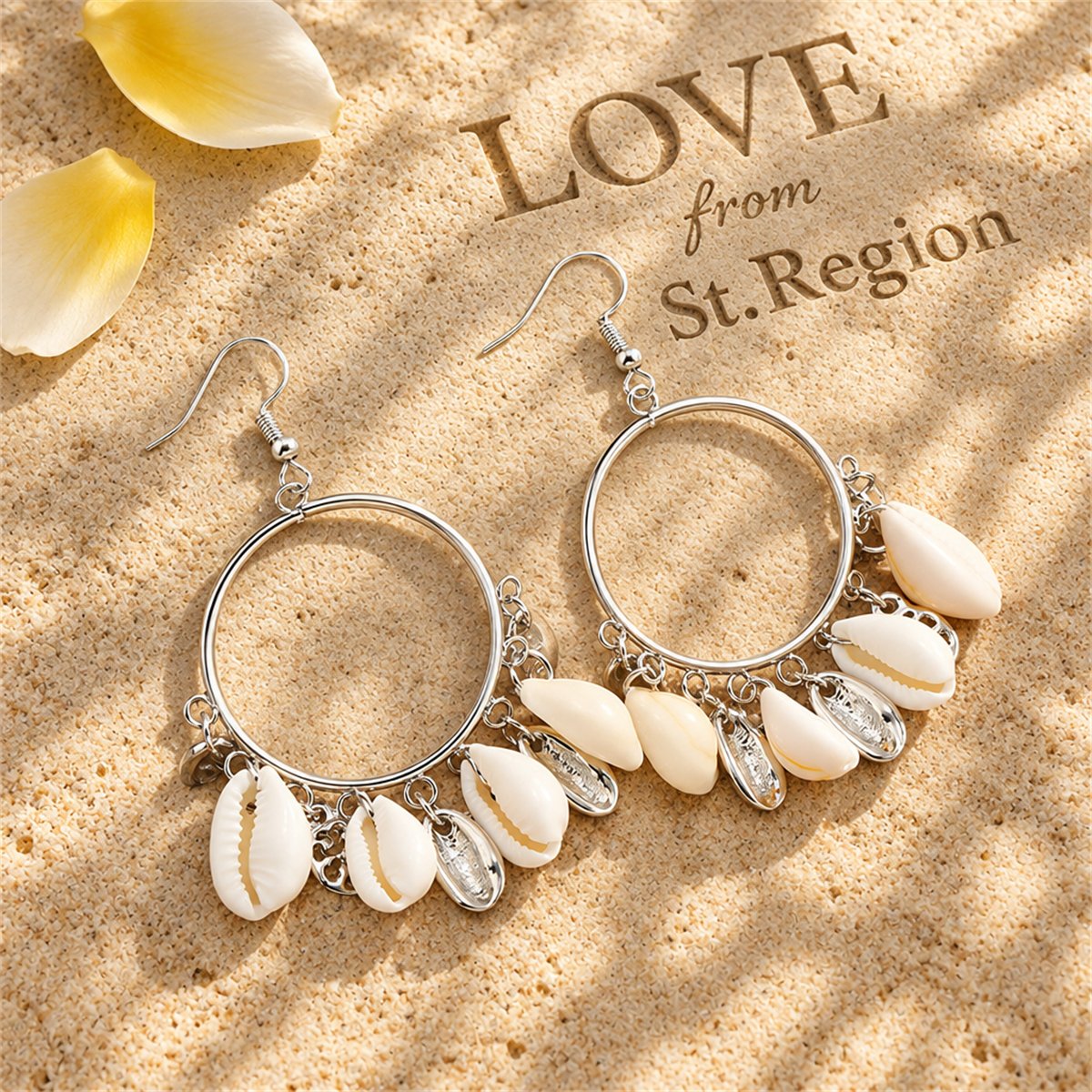 Shell and Silver-Plated Circle Tassel Hoop Earrings, silver drop earrings for women, botanical inspired, lifestyle look