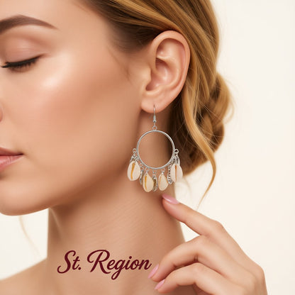 Shell and Silver-Plated Circle Tassel Hoop Earrings, silver drop earrings for women, botanical inspired, styled look