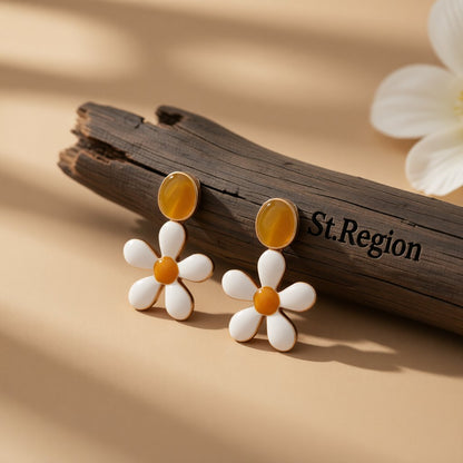 White Enamel and 18K Gold-Plated Flower Drop Earrings, gold drop earrings for women, vintage-inspired design, front view