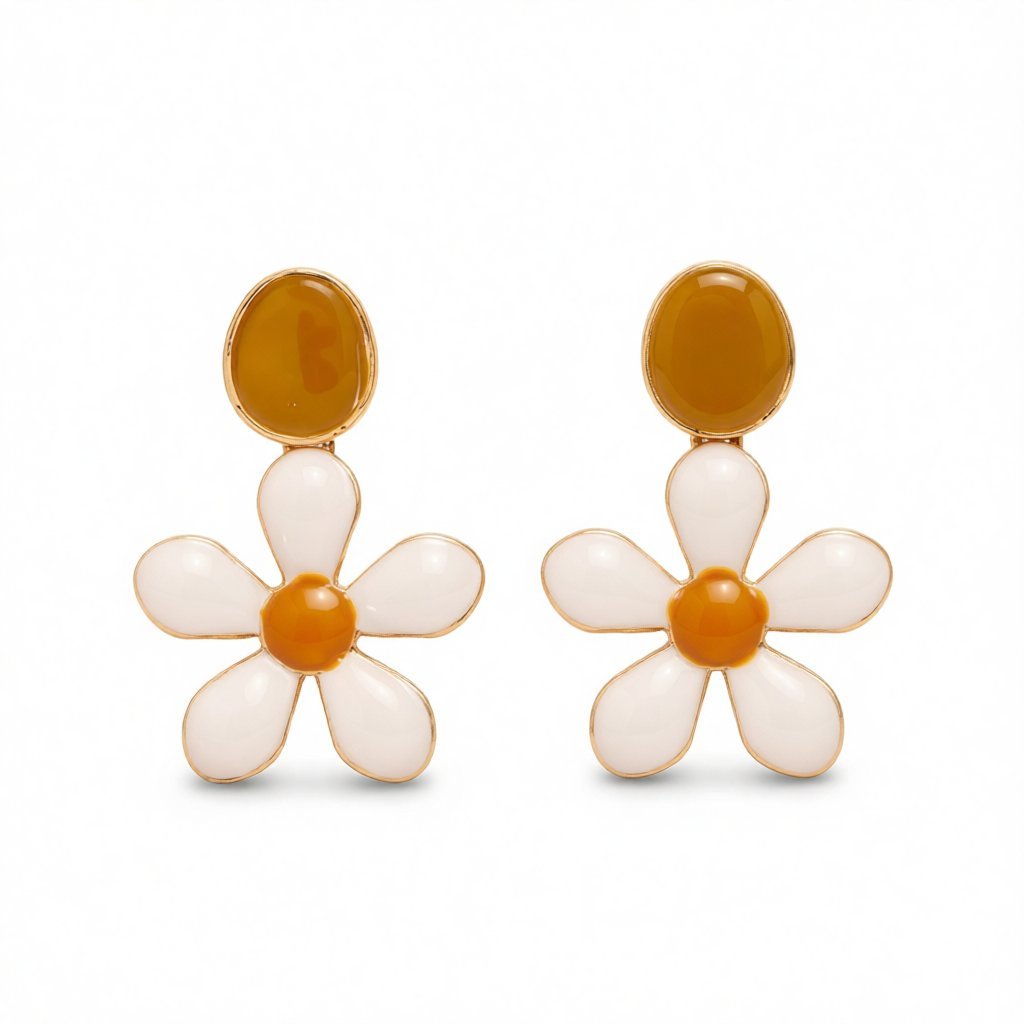 White Enamel and 18K Gold-Plated Flower Drop Earrings, gold drop earrings for women, vintage-inspired design, side view