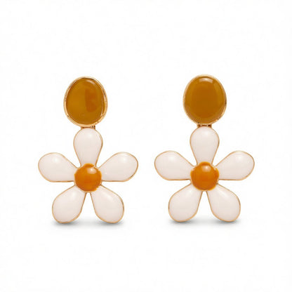 White Enamel and 18K Gold-Plated Flower Drop Earrings, gold drop earrings for women, vintage-inspired design, side view