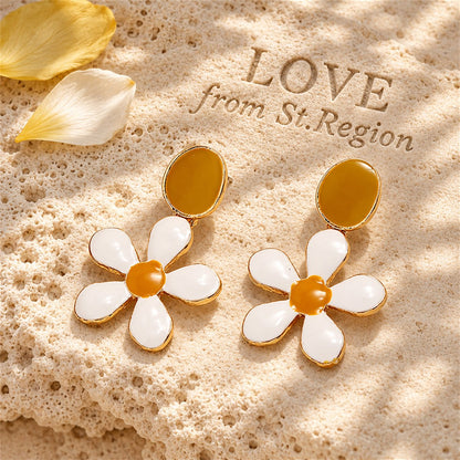 White Enamel and 18K Gold-Plated Flower Drop Earrings, gold drop earrings for women, vintage-inspired design, lifestyle look