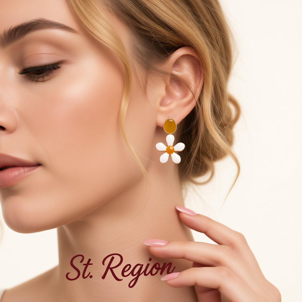 White Enamel and 18K Gold-Plated Flower Drop Earrings, gold drop earrings for women, vintage-inspired design, styled look