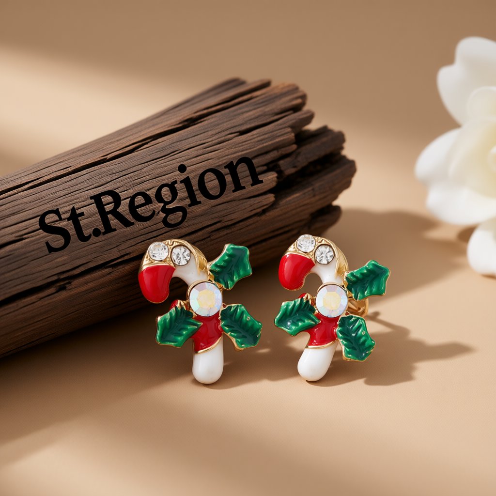 Cubic Zirconia and 18K Gold-Plated Christmas Crutch Stud Earrings, gold stud earrings for women, everyday style, front view