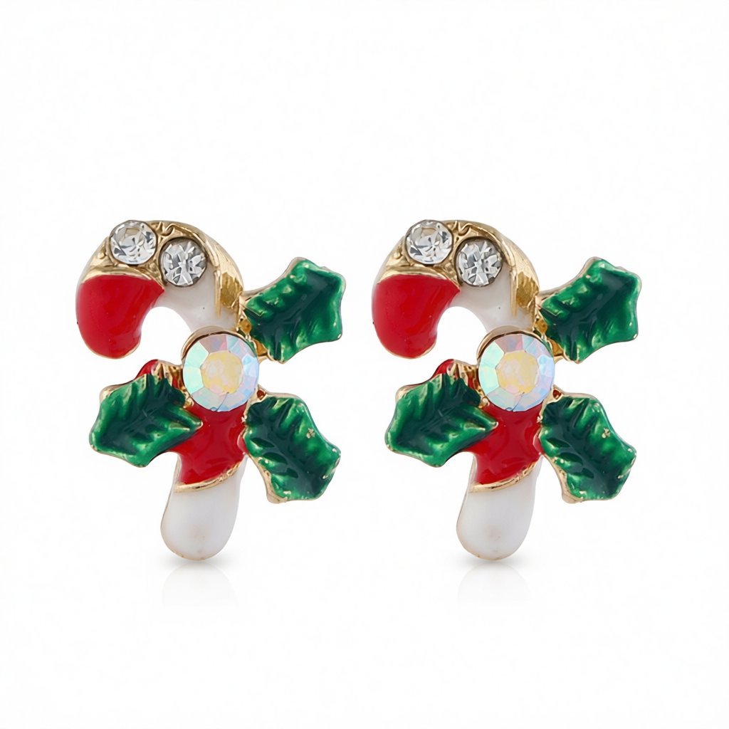 Cubic Zirconia and 18K Gold-Plated Christmas Crutch Stud Earrings, gold stud earrings for women, everyday style, side view