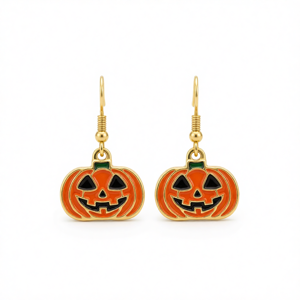 Orange Enamel & 18K Gold-Plated Smiling Jack-O'-Lantern Drop Earrings