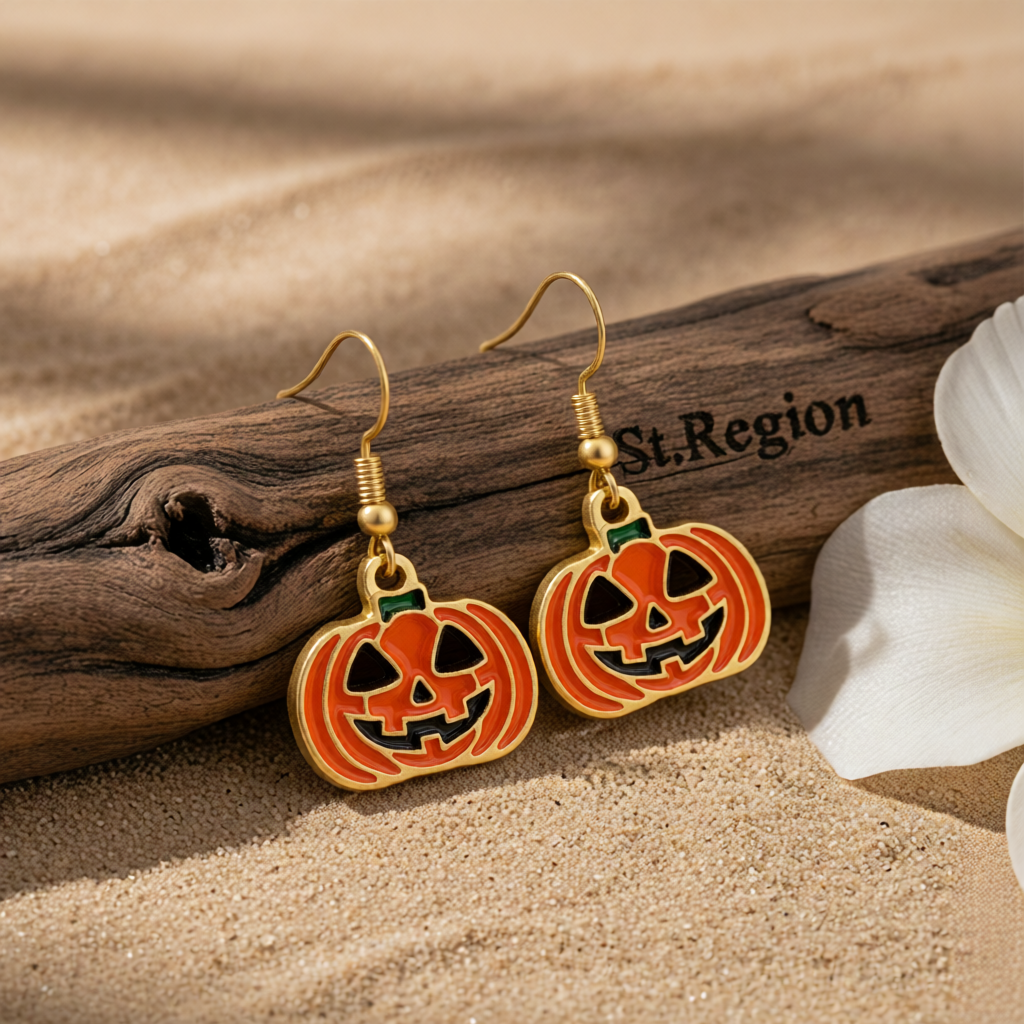 Orange Enamel & 18K Gold-Plated Smiling Jack-O'-Lantern Drop Earrings