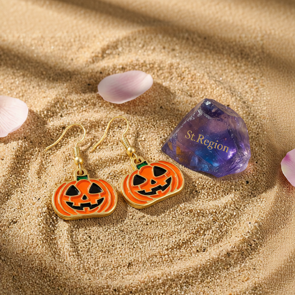 Orange Enamel & 18K Gold-Plated Smiling Jack-O'-Lantern Drop Earrings
