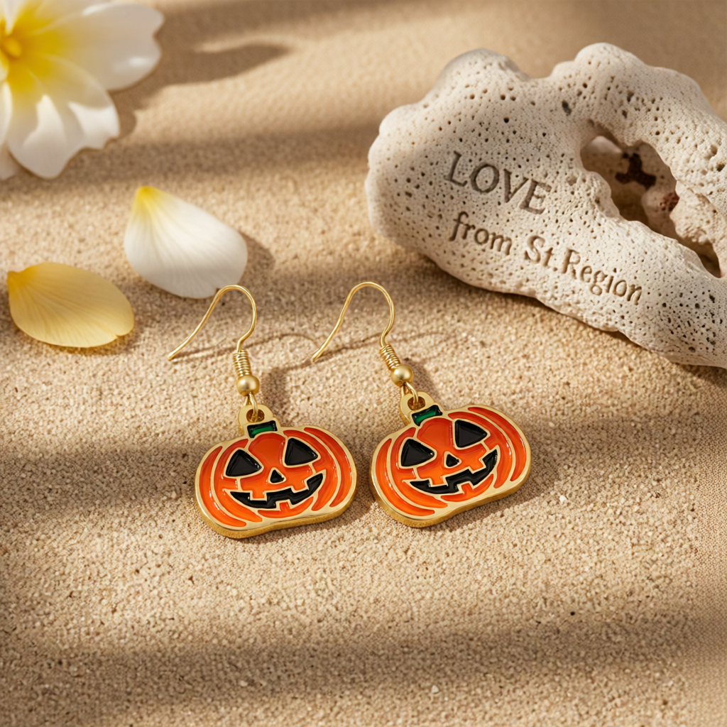 Orange Enamel & 18K Gold-Plated Smiling Jack-O'-Lantern Drop Earrings