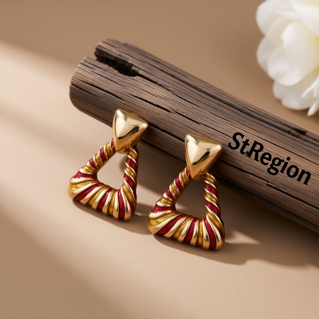 Red and Yellow Enamel 18K Gold-Plated Twisted Drop Earrings, gold drop earrings for women, elegant gift for her, front view