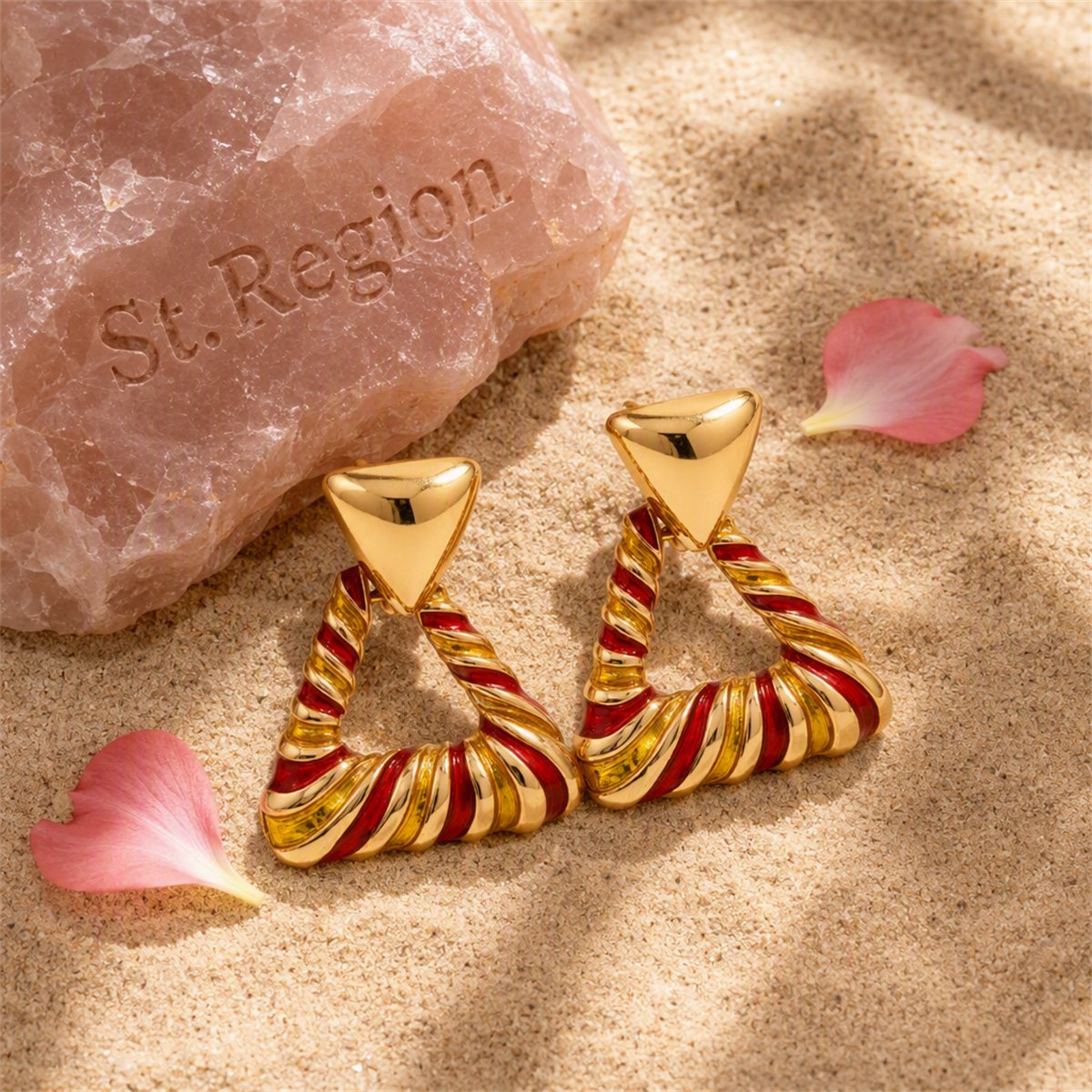 Red and Yellow Enamel 18K Gold-Plated Twisted Drop Earrings, gold drop earrings for women, detail close-up