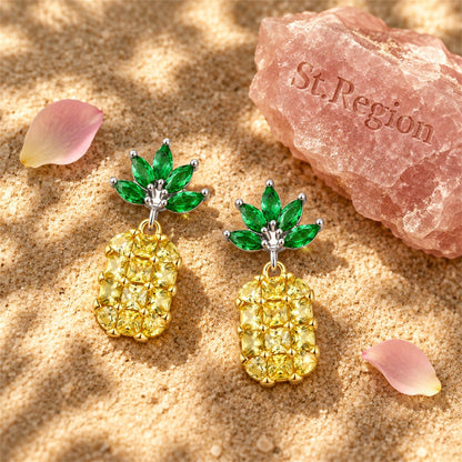 Yellow and Green Crystal Pineapple Drop Earrings, drop earrings for women, botanical inspired, detail close-up