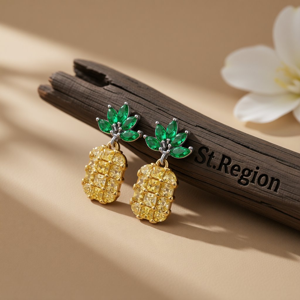 Yellow and Green Crystal Pineapple Drop Earrings, drop earrings for women, botanical inspired, front view
