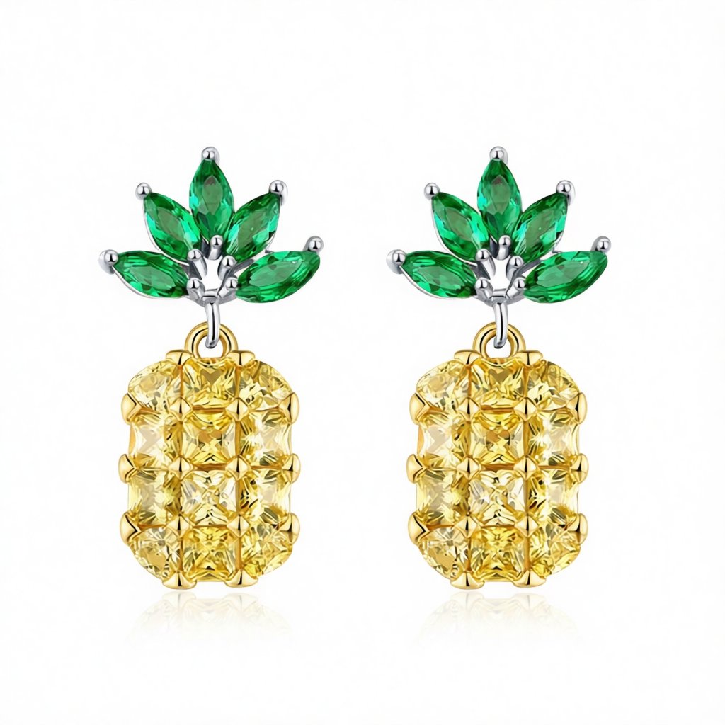 Yellow and Green Crystal Pineapple Drop Earrings, drop earrings for women, botanical inspired, side view