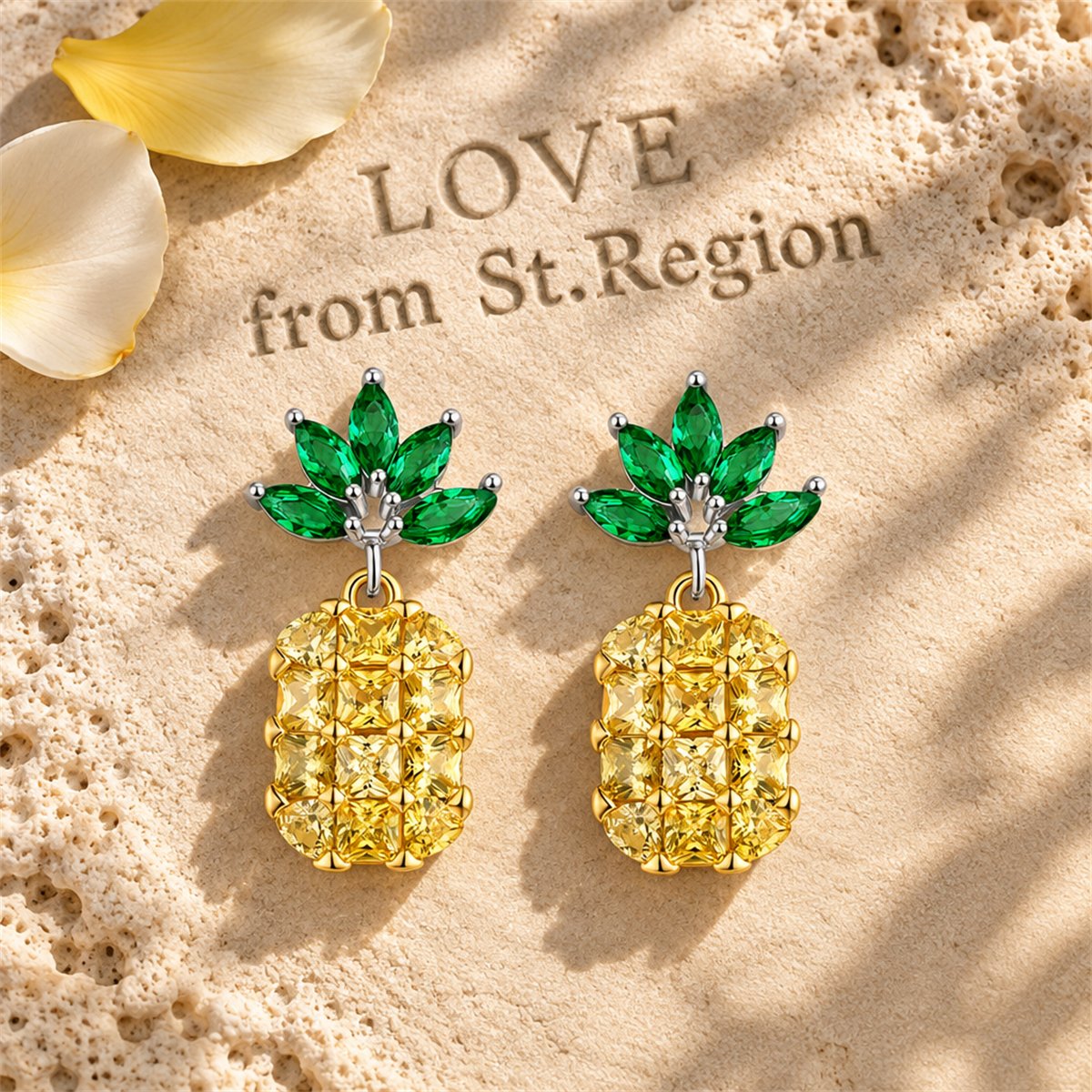 Yellow and Green Crystal Pineapple Drop Earrings, drop earrings for women, botanical inspired, lifestyle look
