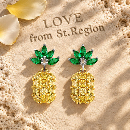 Yellow and Green Crystal Pineapple Drop Earrings, drop earrings for women, botanical inspired, lifestyle look