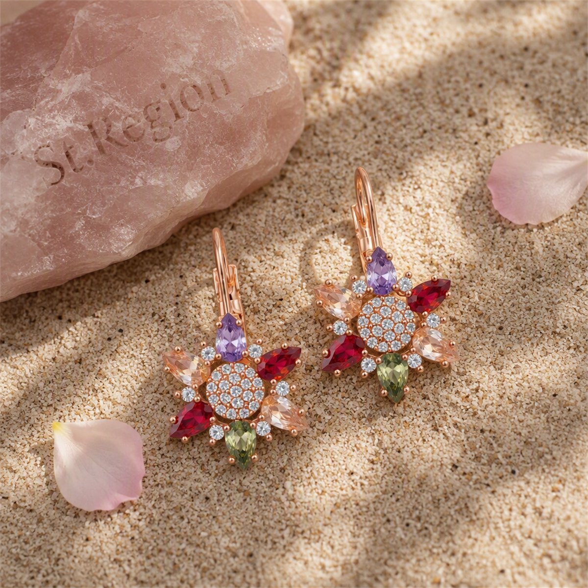 Red Cubic Zirconia and 18K Rose Gold-Plated Flower Huggie Earrings, rose gold huggie earrings, detail close-up