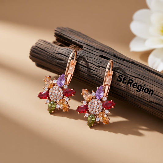 Red Cubic Zirconia and 18K Rose Gold-Plated Flower Huggie Earrings, rose gold huggie earrings, botanical inspired, front view
