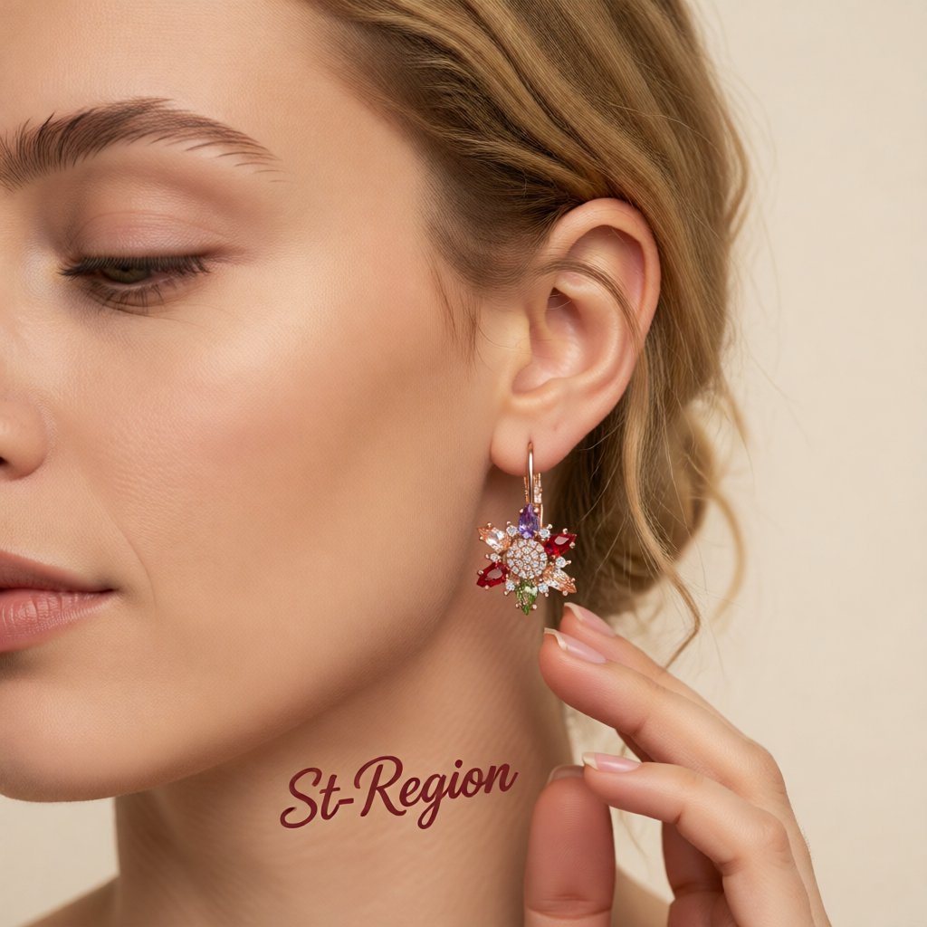 Red Cubic Zirconia and 18K Rose Gold-Plated Flower Huggie Earrings, rose gold huggie earrings, styled look