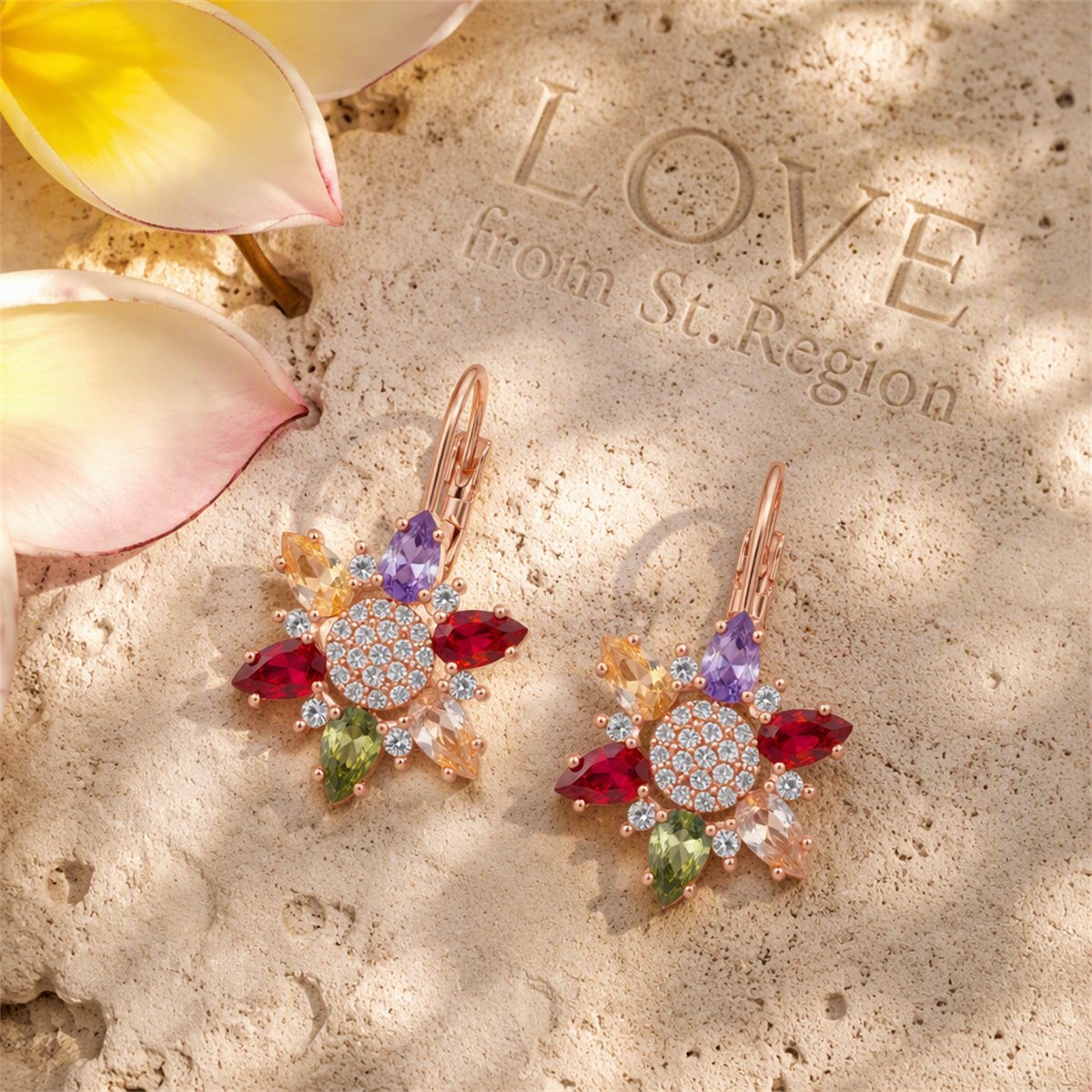 Red Cubic Zirconia and 18K Rose Gold-Plated Flower Huggie Earrings, rose gold huggie earrings, lifestyle look