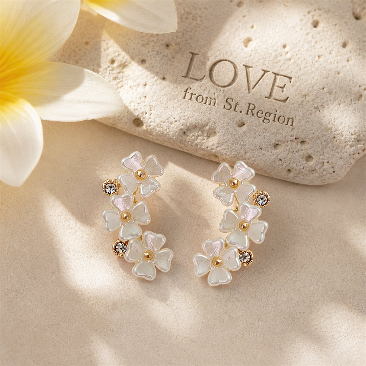 White Acrylic and Cubic Zirconia 18K Gold-Plated Floral Stud Earrings, cubic zirconia stud earrings for women, lifestyle look