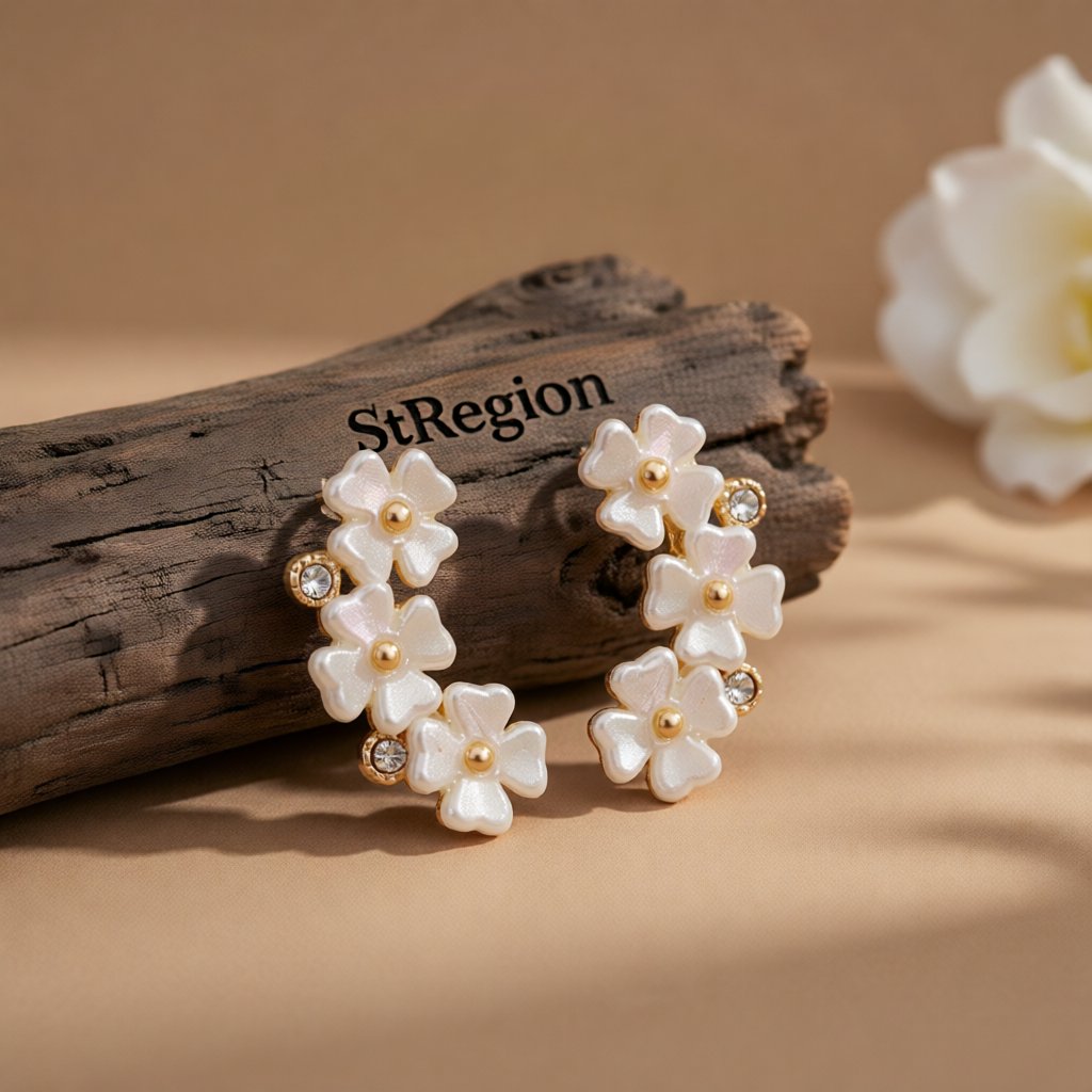 White Acrylic and Cubic Zirconia 18K Gold-Plated Floral Stud Earrings, cubic zirconia stud earrings for women, front view