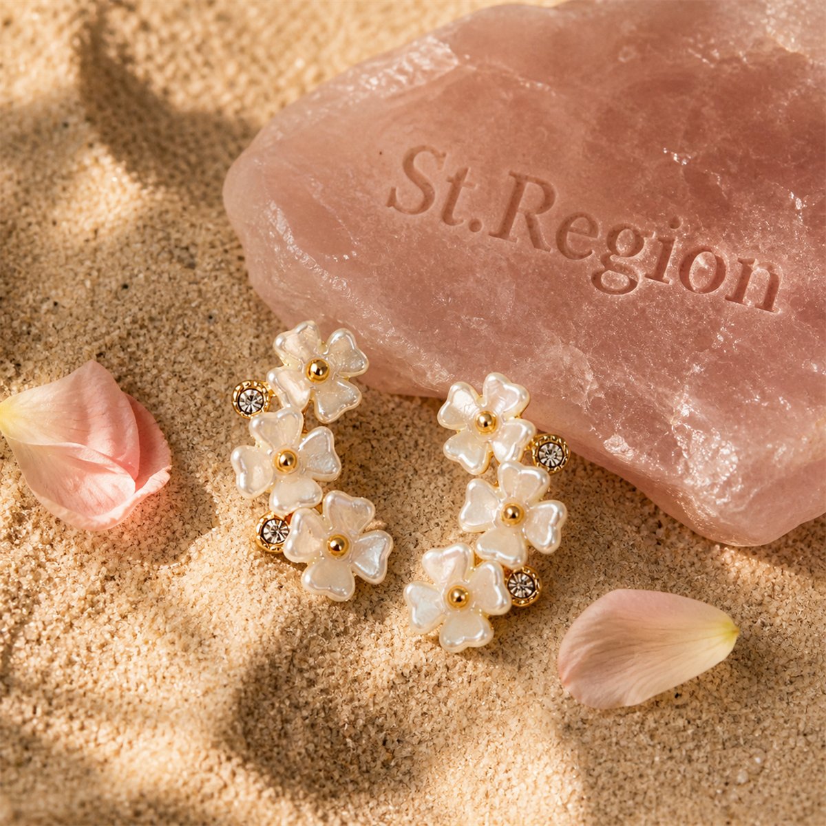 White Acrylic and Cubic Zirconia 18K Gold-Plated Floral Stud Earrings, gold stud earrings for women, detail close-up