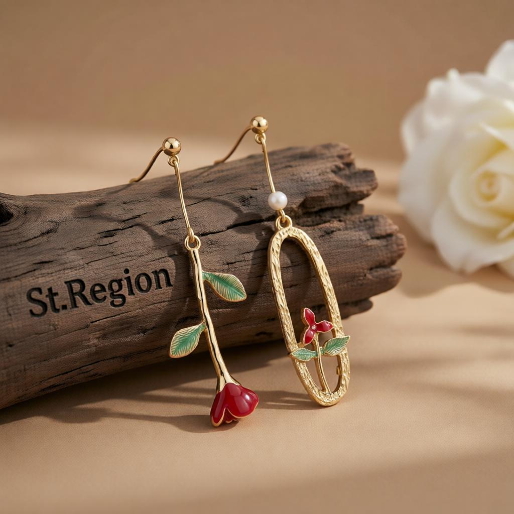 Red Enamel & Pearl 18K Gold-Plated Rose Mismatched Drop Earrings