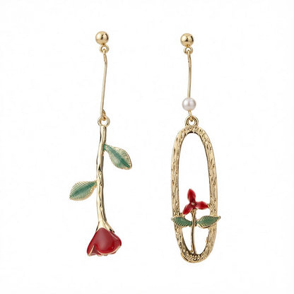Red Enamel & Pearl 18K Gold-Plated Rose Mismatched Drop Earrings