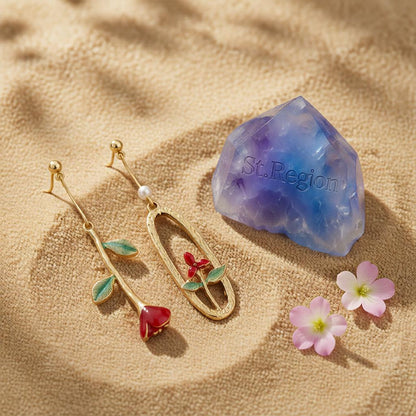 Red Enamel & Pearl 18K Gold-Plated Rose Mismatched Drop Earrings