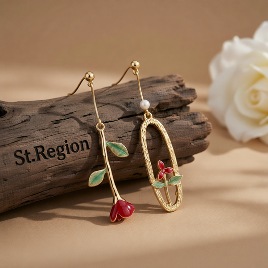 Red Enamel & Pearl 18K Gold-Plated Rose Mismatched Drop Earrings