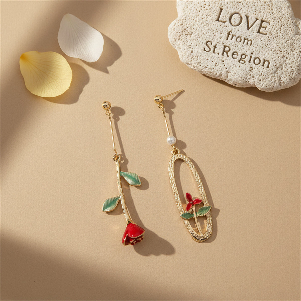 Red Enamel & Pearl 18K Gold-Plated Rose Mismatched Drop Earrings