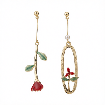 Red Enamel & Pearl 18K Gold-Plated Rose Mismatched Drop Earrings