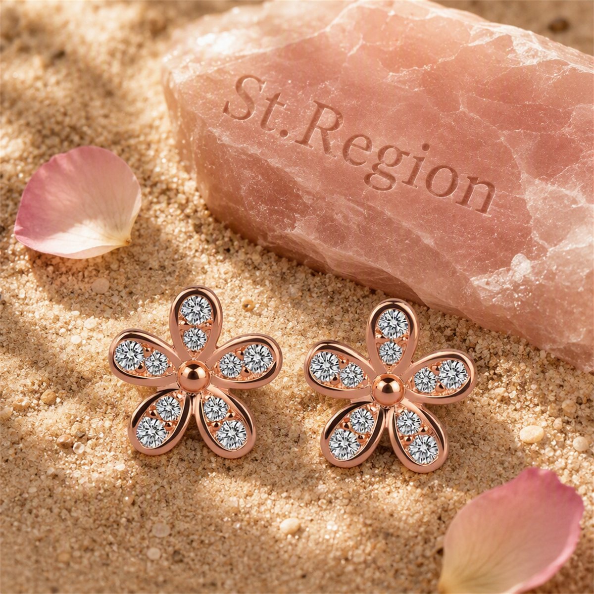 Cubic Zirconia and 18K Rose Gold-Plated Flower Stud Earrings, rose gold stud earrings for women, detail close-up
