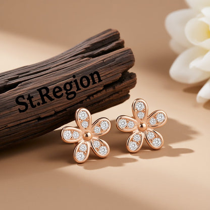 Cubic Zirconia and 18K Rose Gold-Plated Flower Stud Earrings, rose gold stud earrings for women, front view