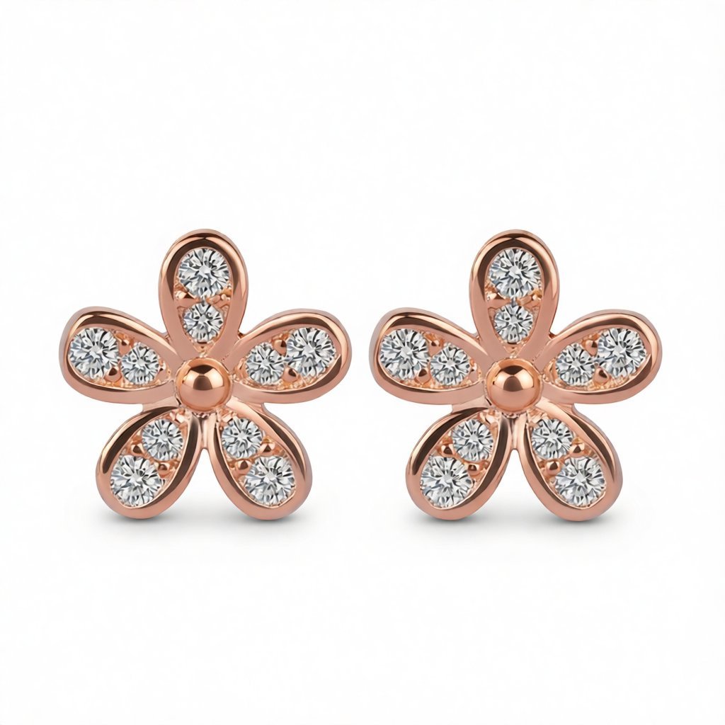 Cubic Zirconia and 18K Rose Gold-Plated Flower Stud Earrings, rose gold stud earrings for women, side view