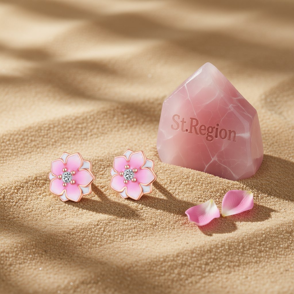 Cubic Zirconia and 18K Rose Gold-Plated Peach Bud Stud Earrings, rose gold stud earrings for women, detail close-up