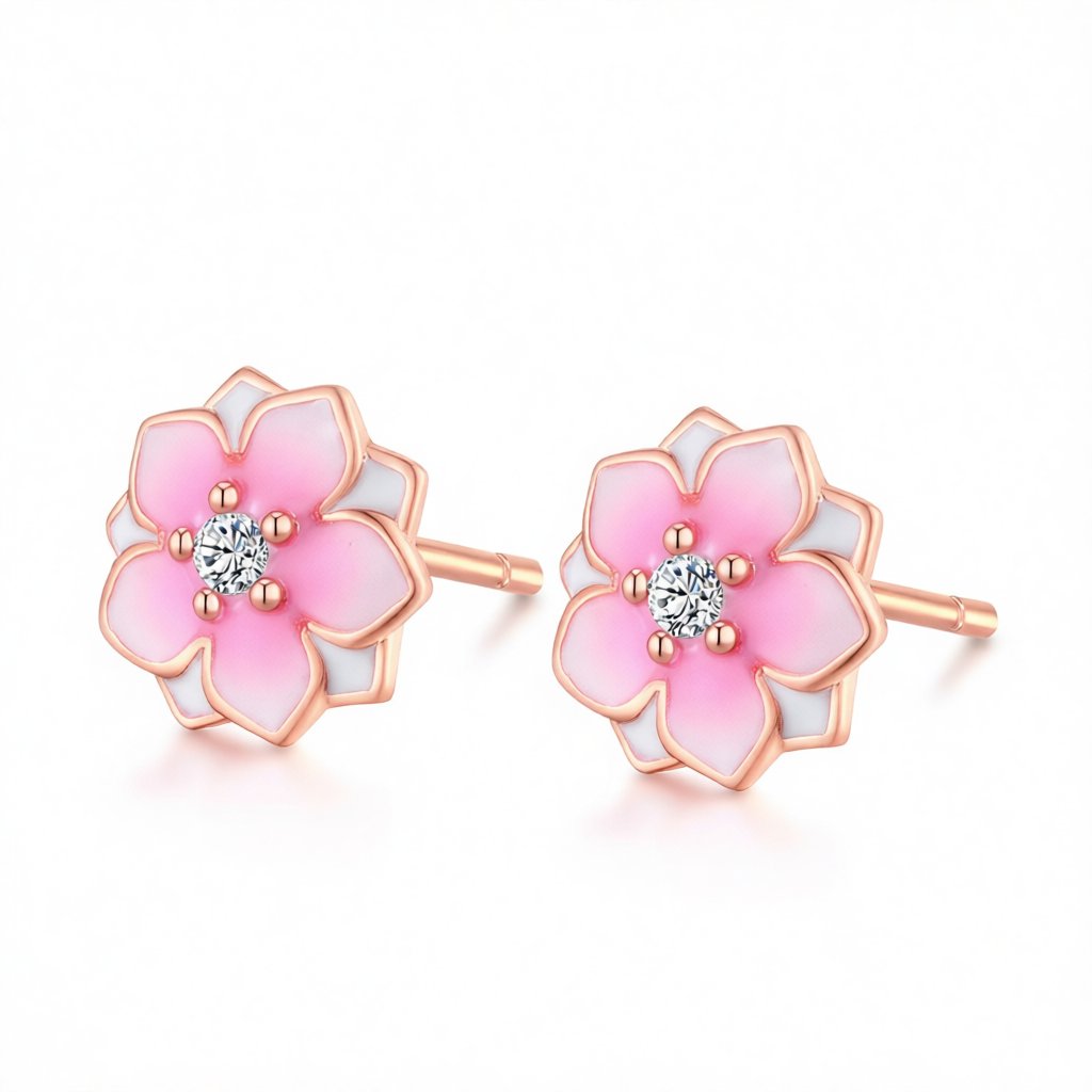 Cubic Zirconia and 18K Rose Gold-Plated Peach Bud Stud Earrings, rose gold stud earrings for women, side view