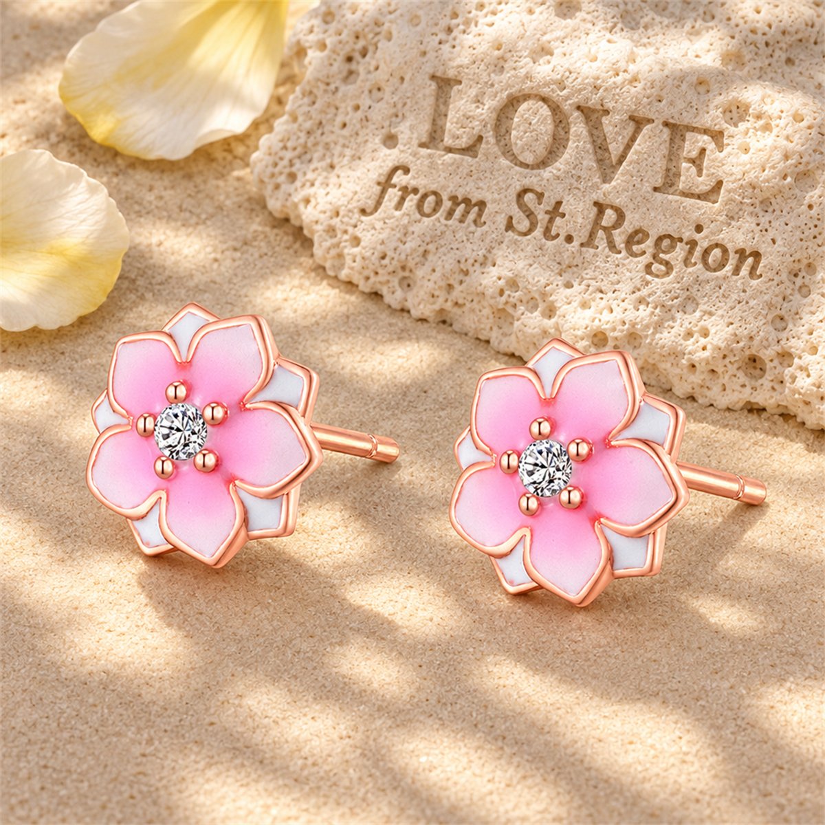 Cubic Zirconia and 18K Rose Gold-Plated Peach Bud Stud Earrings, rose gold stud earrings for women, lifestyle look