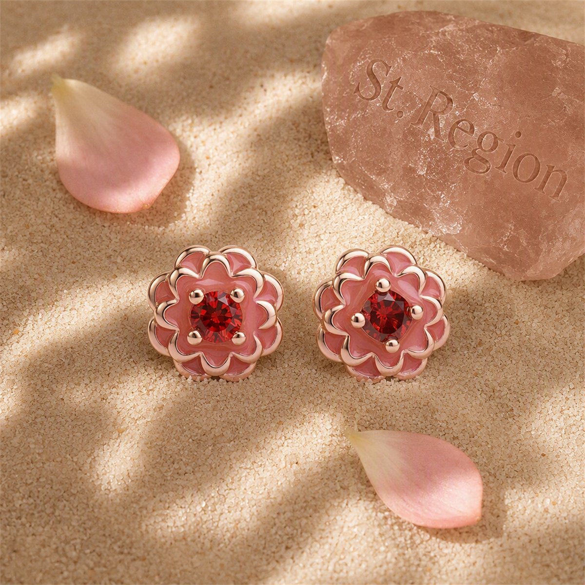 Red Crystal and 18K Rose Gold-Plated Peony Stud Earrings, cubic zirconia stud earrings for women, detail close-up