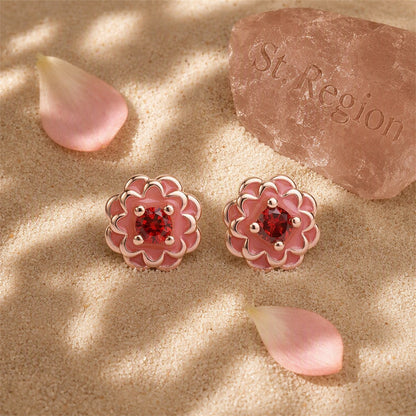 Red Crystal and 18K Rose Gold-Plated Peony Stud Earrings, cubic zirconia stud earrings for women, detail close-up