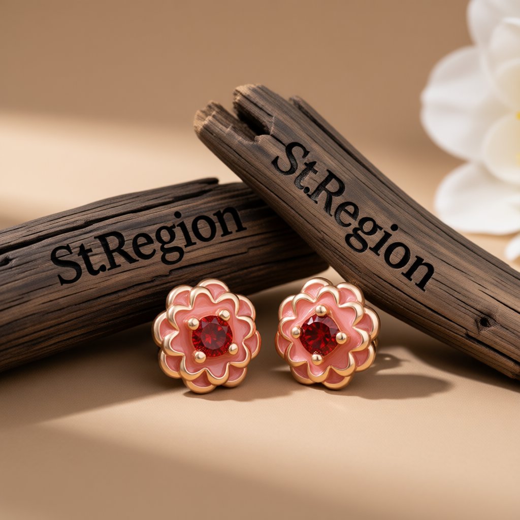 Red Crystal and 18K Rose Gold-Plated Peony Stud Earrings, cubic zirconia stud earrings for women, front view