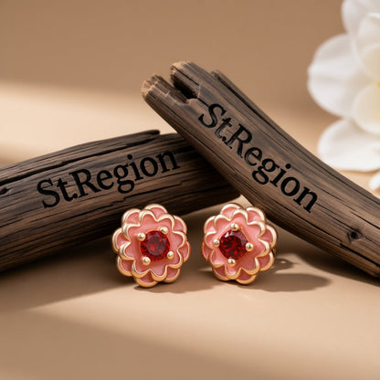 Red Crystal and 18K Rose Gold-Plated Peony Stud Earrings, cubic zirconia stud earrings for women, front view