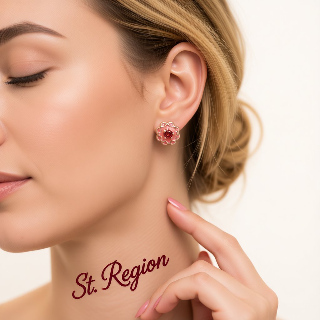Red Crystal and 18K Rose Gold-Plated Peony Stud Earrings, cubic zirconia stud earrings for women, styled look