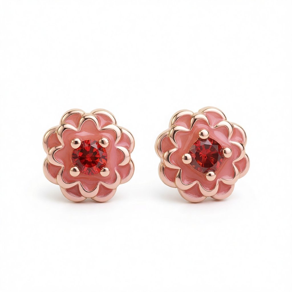 Red Crystal and 18K Rose Gold-Plated Peony Stud Earrings, cubic zirconia stud earrings for women, side view
