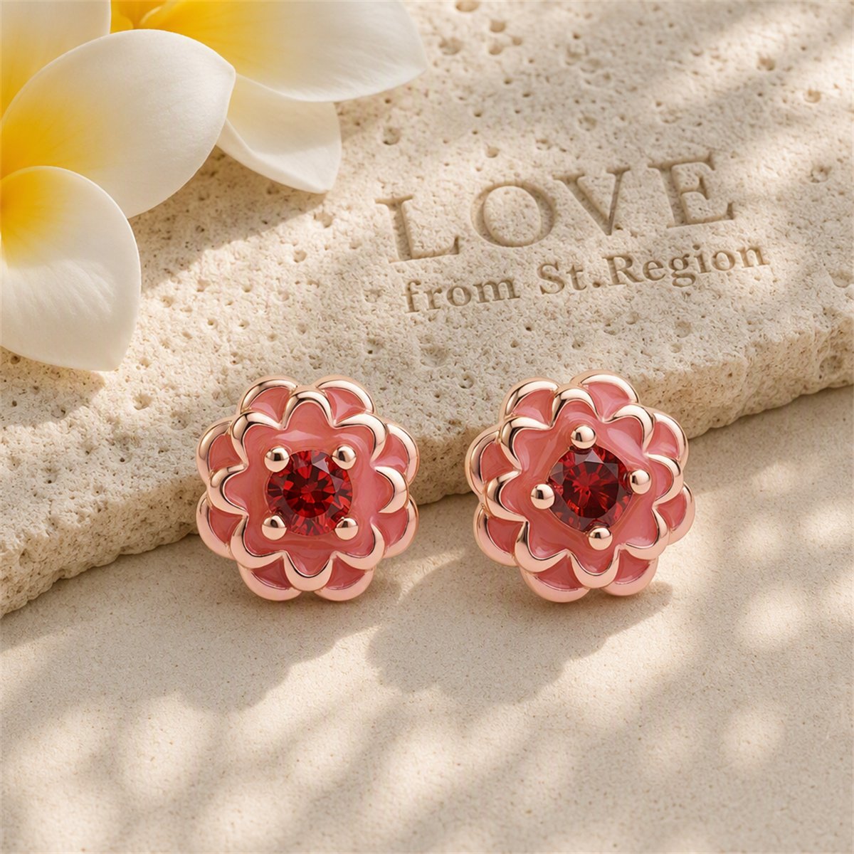Red Crystal and 18K Rose Gold-Plated Peony Stud Earrings, cubic zirconia stud earrings for women, lifestyle look