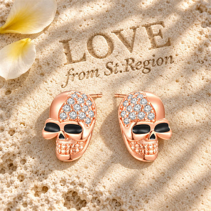 Cubic Zirconia and 18K Rose Gold-Plated Skull Stud Earrings, rose gold stud earrings for women, lifestyle look